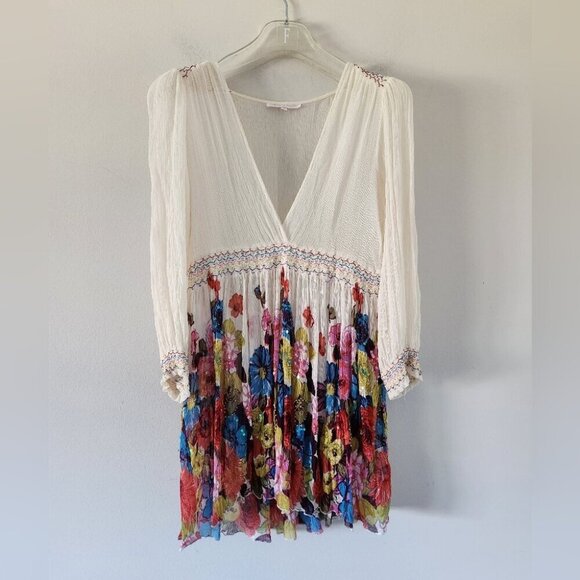 REBECCA TAYLOR | 100% Silk Blouse Tunic Floral Sequins Sheer Cream Red Navy Sz L - Picture 2 of 7